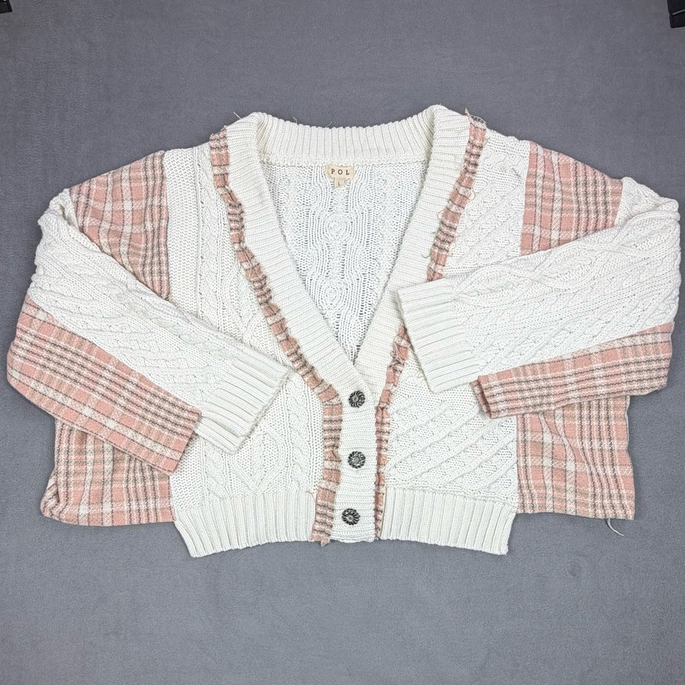 POL Cream Cable Knit Boho Cardigan with Dusty Rose Plaid Panels